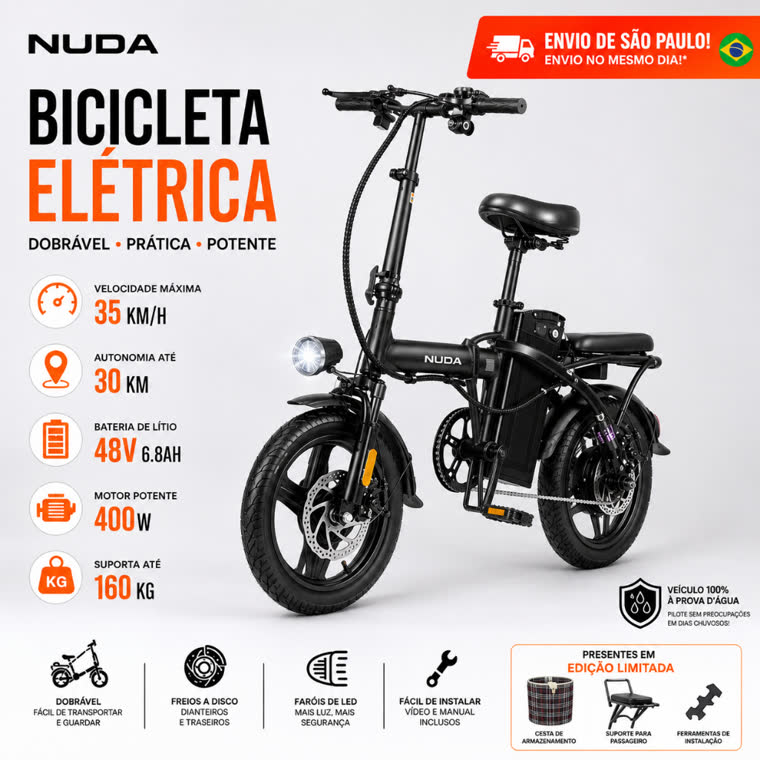 Ficha técnica ilustrada: velocidade até 35 km por hora, autonomia até 30 km, bateria 48V 6.8Ah, motor 400W, suporta até 160kg